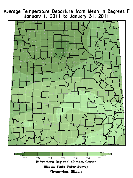 Average Temperature Departure from Mean in Degrees F, Jan. 1, 2011 - Jan. 31, 2011