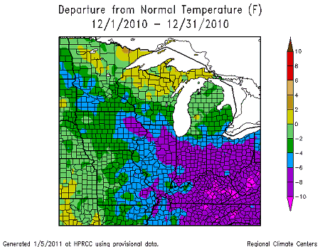 Departure from Normal Temperature Dec. 1, 2010 - Dec. 31, 2010