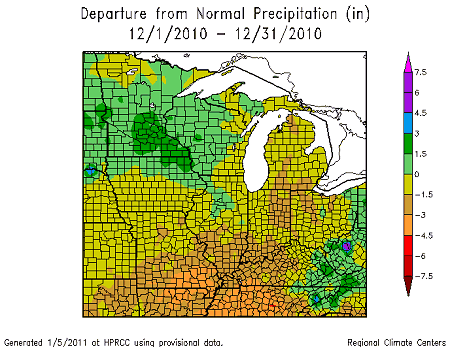 Departure from Normal Precipation Dec. 1, 2010 - Dec. 31, 2010