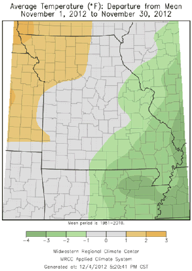 Average Temperature (F), departure from mean, November 2012