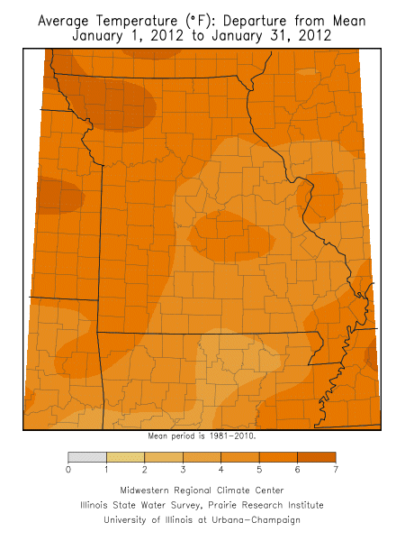 Average Temperature Departure from Mean January 1, 2012 - January 31, 2012