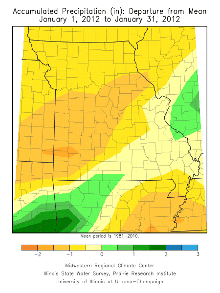 Accumutlated Precipitation Departure from Mean January 1, 2012 - January 31, 2012