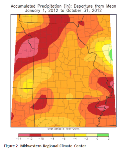 Accumulated Precipitation (in), departure from mean, October 2012