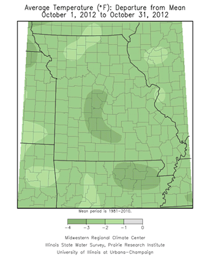 Average Temperature, departure from mean, October 2012