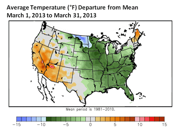 Average Temperature (°F) Departure from Mean March 1, 2012 to March 31, 2013