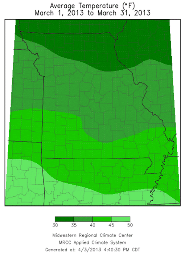 Average Temperature (°F):  March 1, 2013 to March 31, 2013