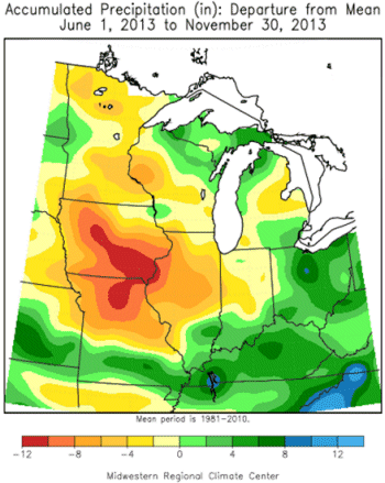 Accumulated Percipitation (in): Departure from Mean June 1, 2013 to November 30, 2013