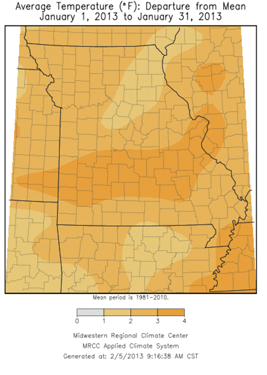 Average Temperature (Departure from mean), January 1-31, 2013