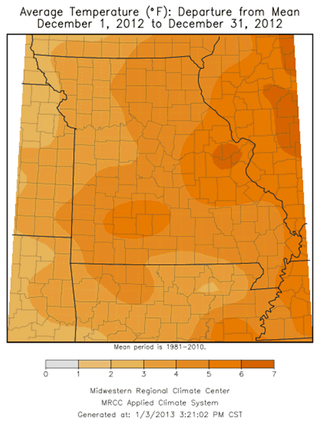 Average Temperature (F), departure from mean, December 2012