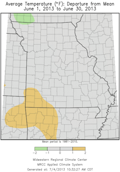 Average Temperature (°F) Departure from Mean: June 1, 2013 to June 30, 2013