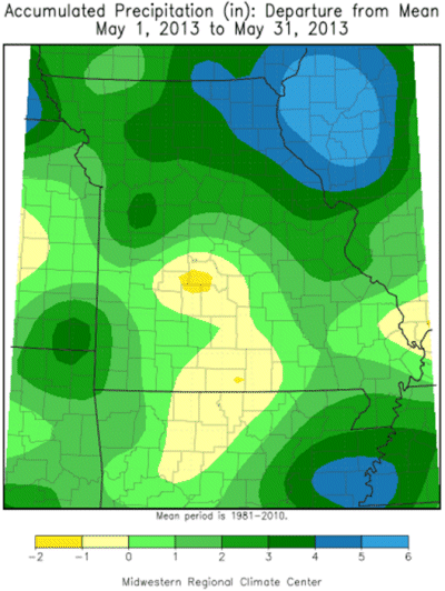 Accumulated Preciptation (in) Departure from Mean: May 1, 2013 to May 31, 2013