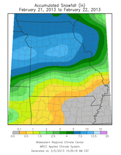 Accumulated Snowfall (in) February 21, 2013 to February 22, 2013