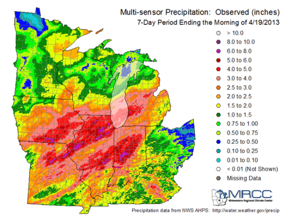 Multi Sensor Precipitation: Observed (inches) - 7 day period endingthe MOrning of 4/19/2013