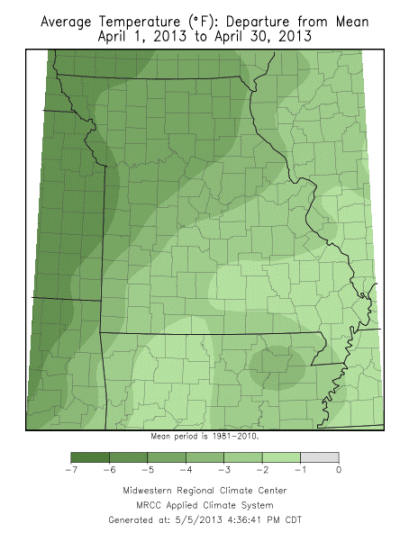 Average Temperature (°F) Departure from Mean:  April 1, 2013 to April 30, 2013