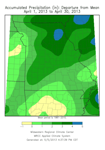 Accumulated Preciptation (in) Departure from Mean:  April 1, 2013 to April 30, 2013