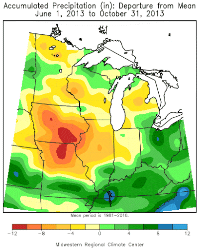 Accumulated Percipitation (in): Departure from Mean June 1, 2013 to October 31, 2013