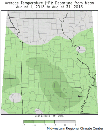Average Temperature (°F) Departure from Mean: August 1, 2013 to August 31, 2013