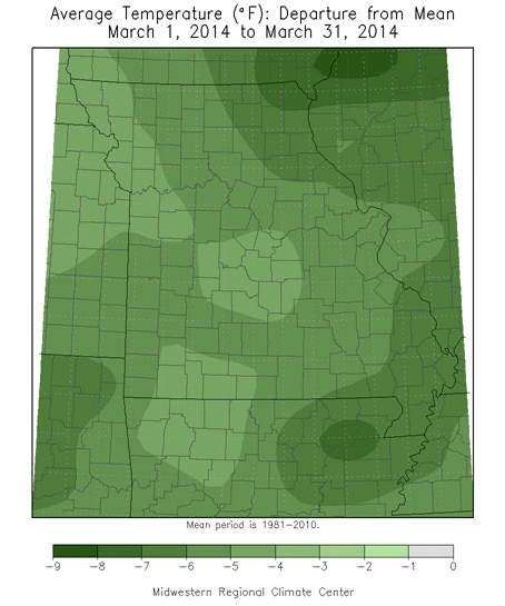 Average Temperature (F): Departure from Mean, March 1, 2014 to March 31, 2014