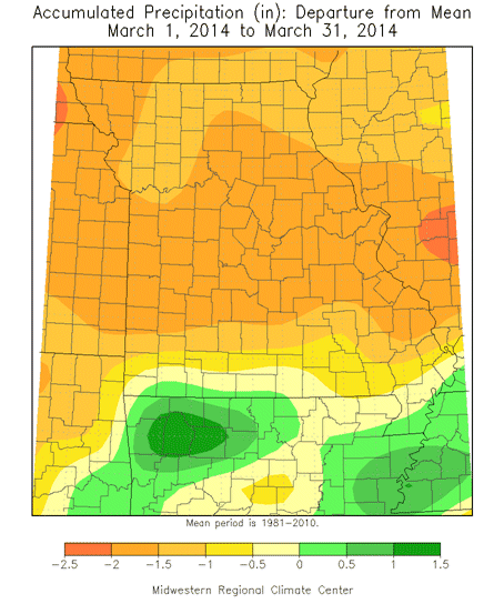 Accumulated Precipitation (in): Departure from Mean, March 1, 2014 to March 31, 2014