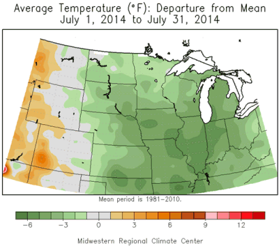 Average Temperature (°F): Departure from Mean July 1, 2014 to July 31, 2014