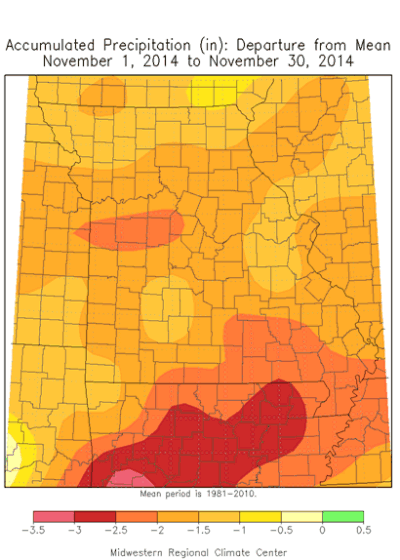 Accumulated Precipitation (in): Departure from Mean November 1, 2014 - November 30, 2014