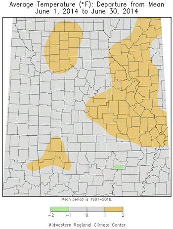 Average Temperature (°F): Departure from Mean; Jun 1, 2014 to June 30, 2014
