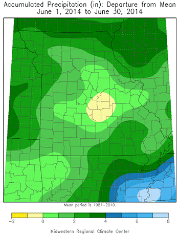 Accumulated Precipitation (in): Departure from Mean, June 1, 2014 to June 30, 2014