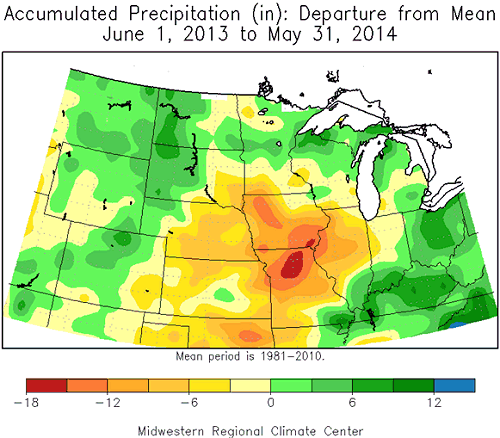 Accumulated Precipitation (in): Departure from Mean, June 1, 2013 to May 31, 2014