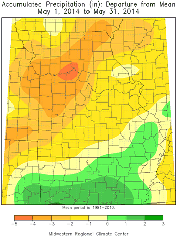 Accumulated Precipitation (in): Departure from Mean, May 1, 2014 to May 31, 2014