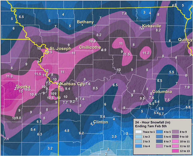 Feb 4-5, 2014 Snowfall map. Source: NWS Forecast Office, Pleasant Hill, MO
