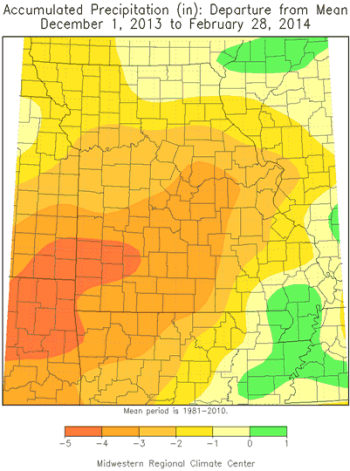 Accumulated Preciptation (in) Departure from Mean: December 1, 2013 - February 28, 2014