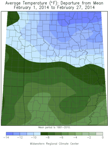 Average Temperature (°F) Departure from Mean: February 1, 2014 to February 28, 2014