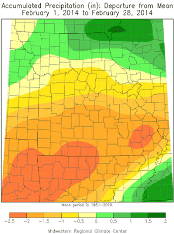 Accumulated Preciptation (in) Departure from Mean: February 1, 2014 to February 28, 2014