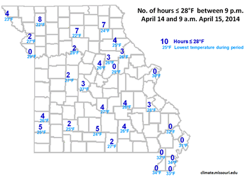 No. of Hours ≤ 28°F between 9 p.m. April 14 and 9 a.m. April 15, 2014