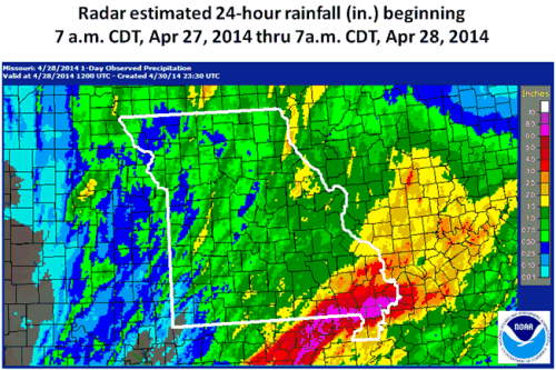 Radar estimated 24-hour rainfall (in.) beginning 7 a.m. CDT, Apr 27, 2014 thru 7 a.m. CDT, Apr 28, 2014