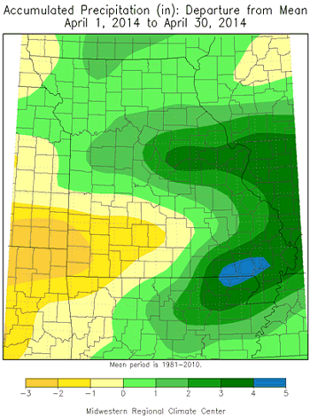 Accumulated Precipitation (in): Departure from Mean, April 1, 2014 to April 30, 2014