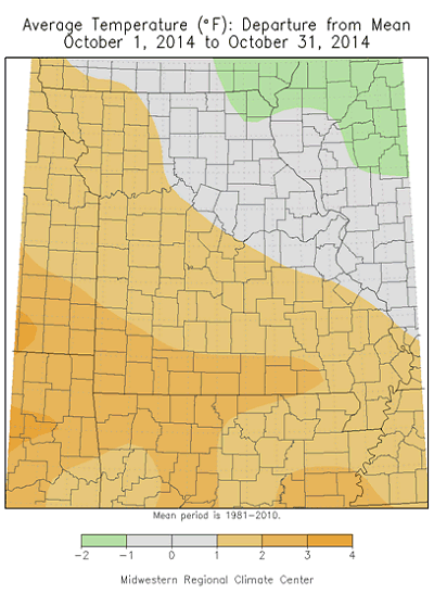 Average Temperature (°F): Departure from Mean October 1, 2014 - October 31, 2014