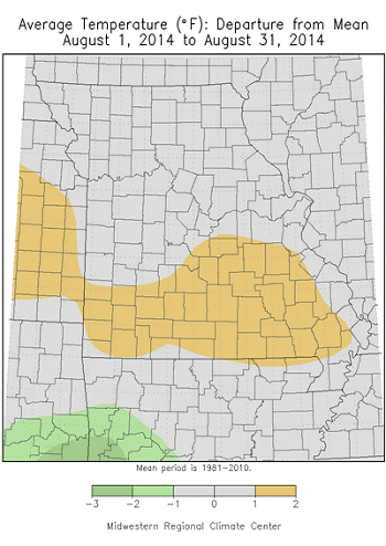 Average Temperature (°F): Departure from Mean; August 1, 2014 to August 31, 2014