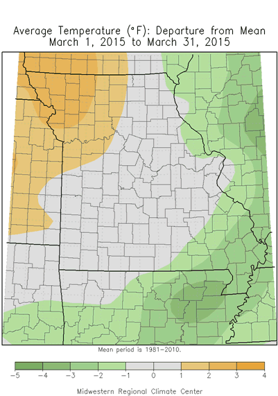 Average Temperature (°F): Departure from Mean March 1, 2015 - March 31, 2015