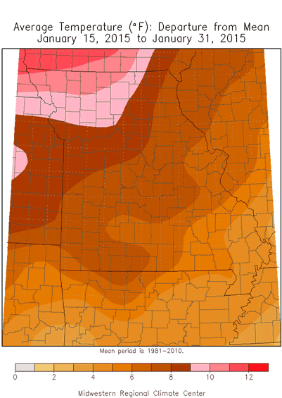 Average Temperature (°F): Departure from Mean January 15, 2015 - January 31, 2015