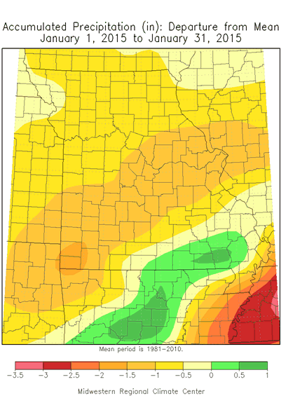 Accumulated Precipitation (in): Departure from Mean January 1, 2015 - January 31, 2015