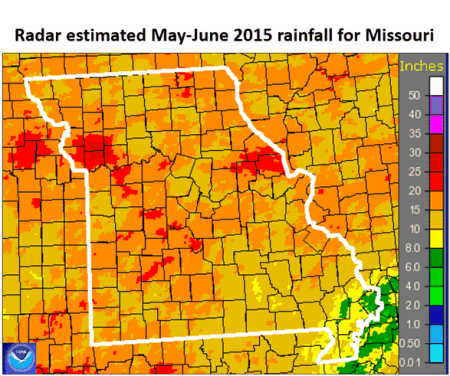 Radar estimated May-June 2015 rainfall for Missouri