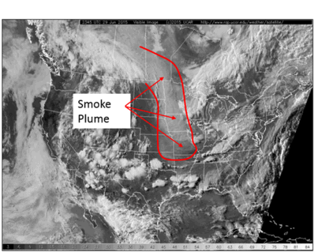 Smoke plume extending from western Canada into the central U.S. NOAA visible satellite picture taken June 29, 2015 at 6:45 p.m. CDT