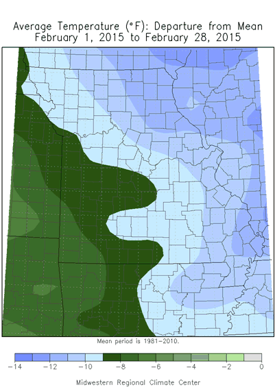 Average Temperature (°F): Departure from Mean February 1, 2015 - February 28, 2015