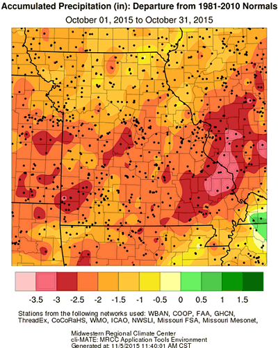 Accumulated Precipitation (in): Departure from 1981-2010 Normals October 1, 2015 to October 31, 2015