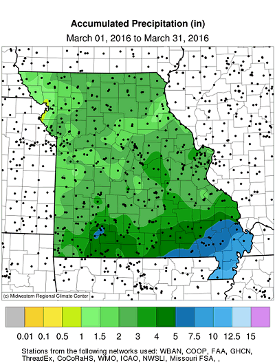 Accumulated Precipitation (in) March 01, 2016 to March 31, 2016