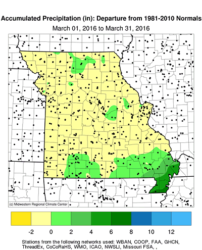 Accumulated Precipitation (in): Departure from 1981-2010 Normals March 01, 2016 to March 31, 2016