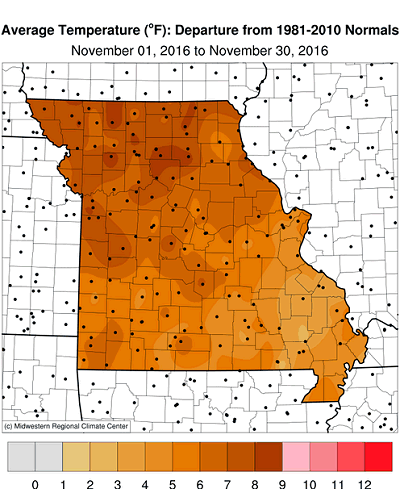 Average Temperature (°F): Departure from 1981-2010 Normals November 01, 2016 to November 30, 2016