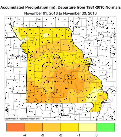 Accumulated Precipitation (in): Departure from 1981-2010 Normals November 01, 2016 to November 30, 2016