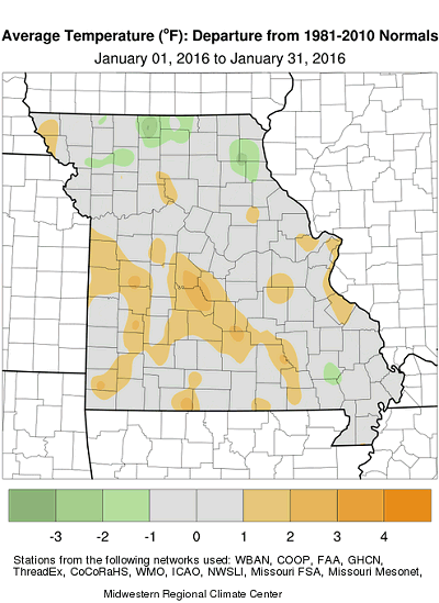 Average Temperature (°F): Departure from 1981-2010 Normals January 01, 2016 to January 31, 2016